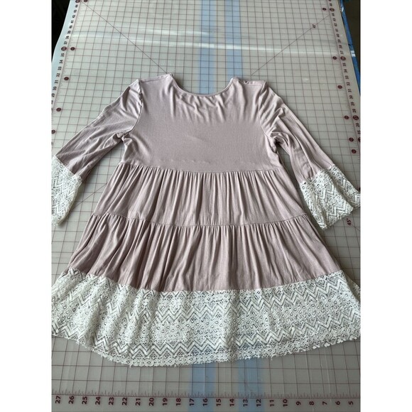 Womens Medium Pink with Ivory Lace Trim Tiered Babydoll Tunic Top - Picture 6 of 9